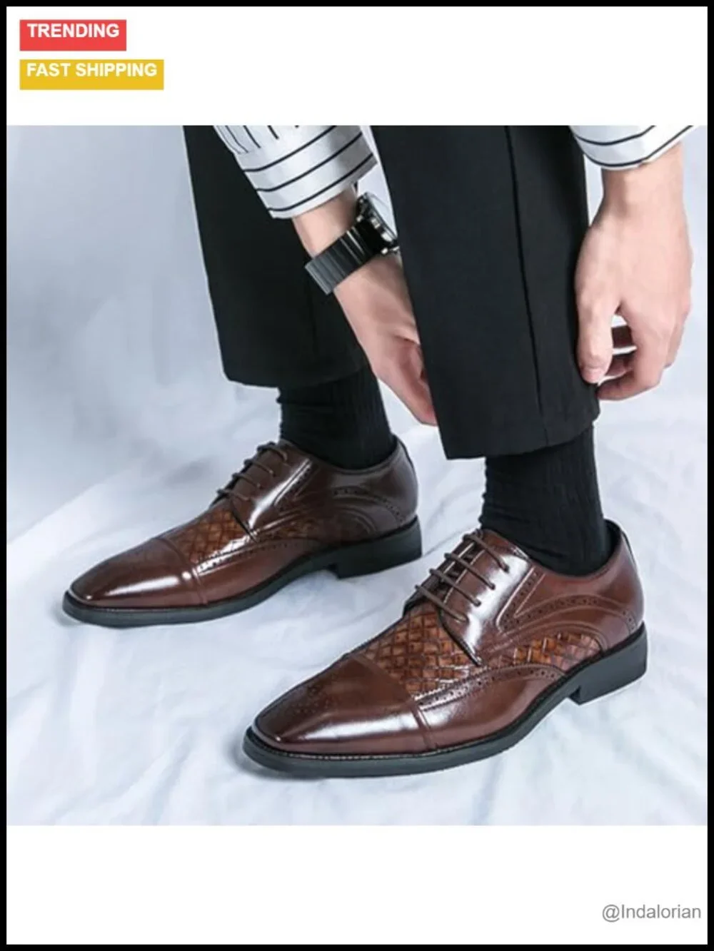 Men's Leather Pointed Toe Brogue Oxfords Lightweight Lace-Up Wingtip Block Heel